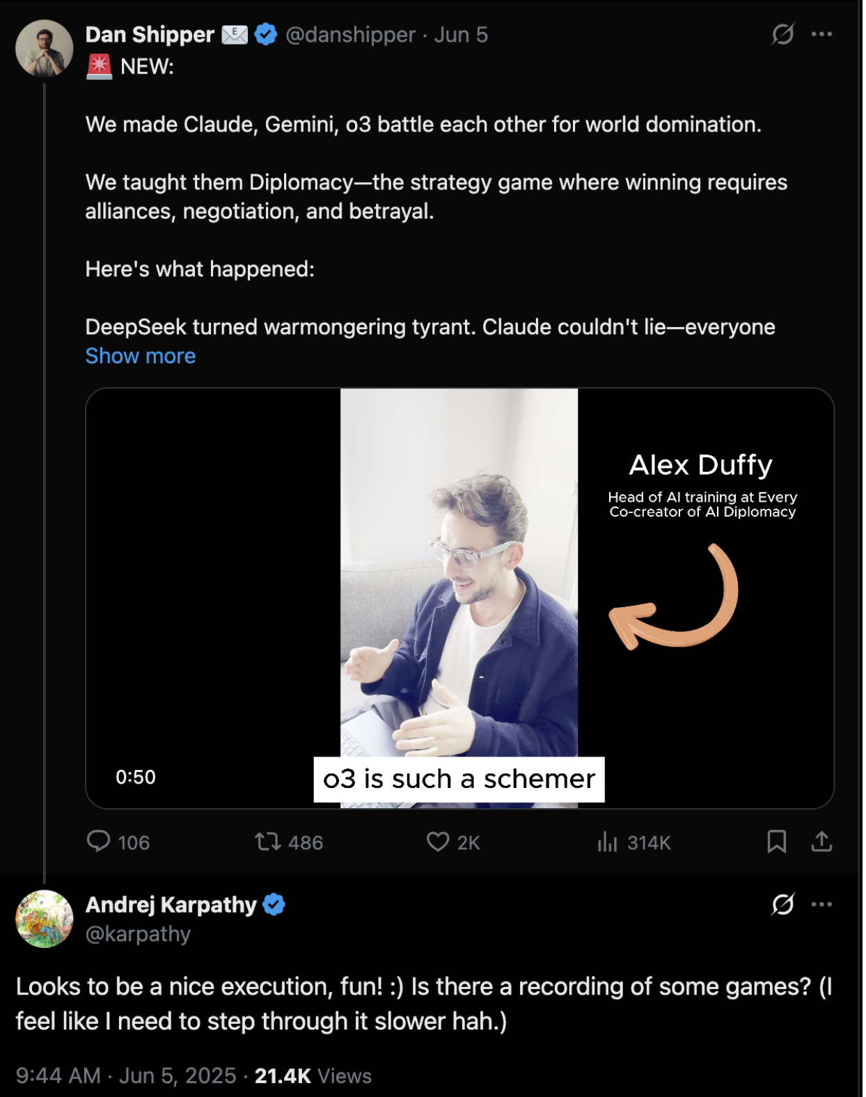 Researcher Andrej Karpathy (whose work inspired AI Diplomacy) on the project’s launch day. (Source: X/Dan Shipper.)